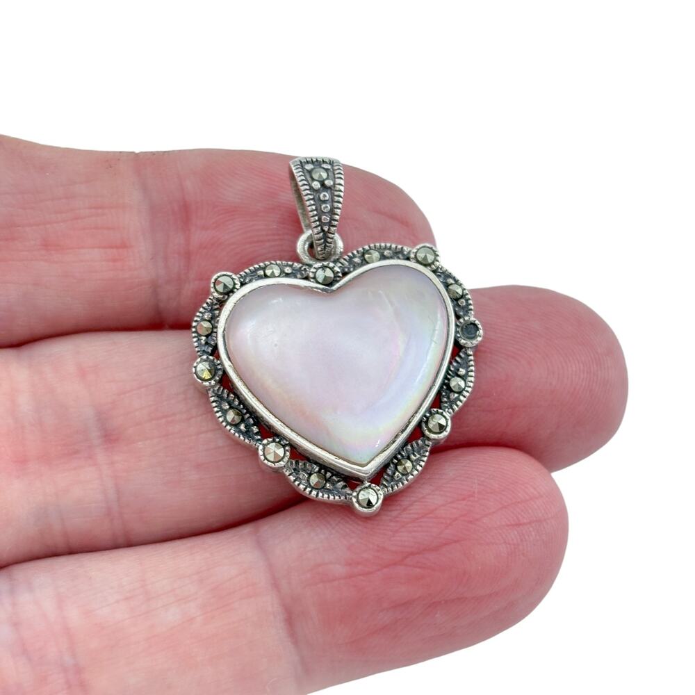 Vintage Sterling Silver 925 Mother of Pearl Marcasite Heart Pendant